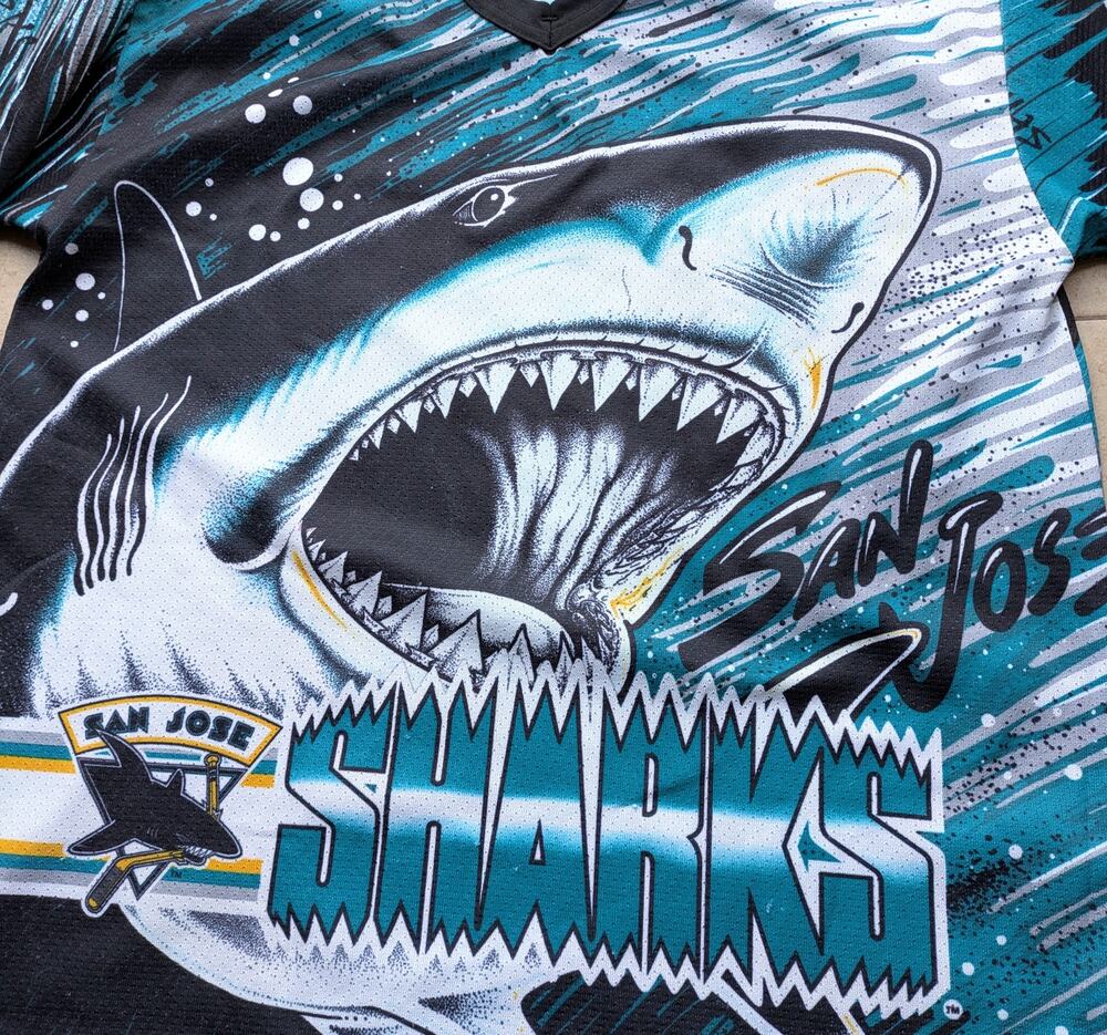 San Jose Sharks 90s CCM Air-Knit Graphic AOP Print jersey M teal NHL hockey vtg